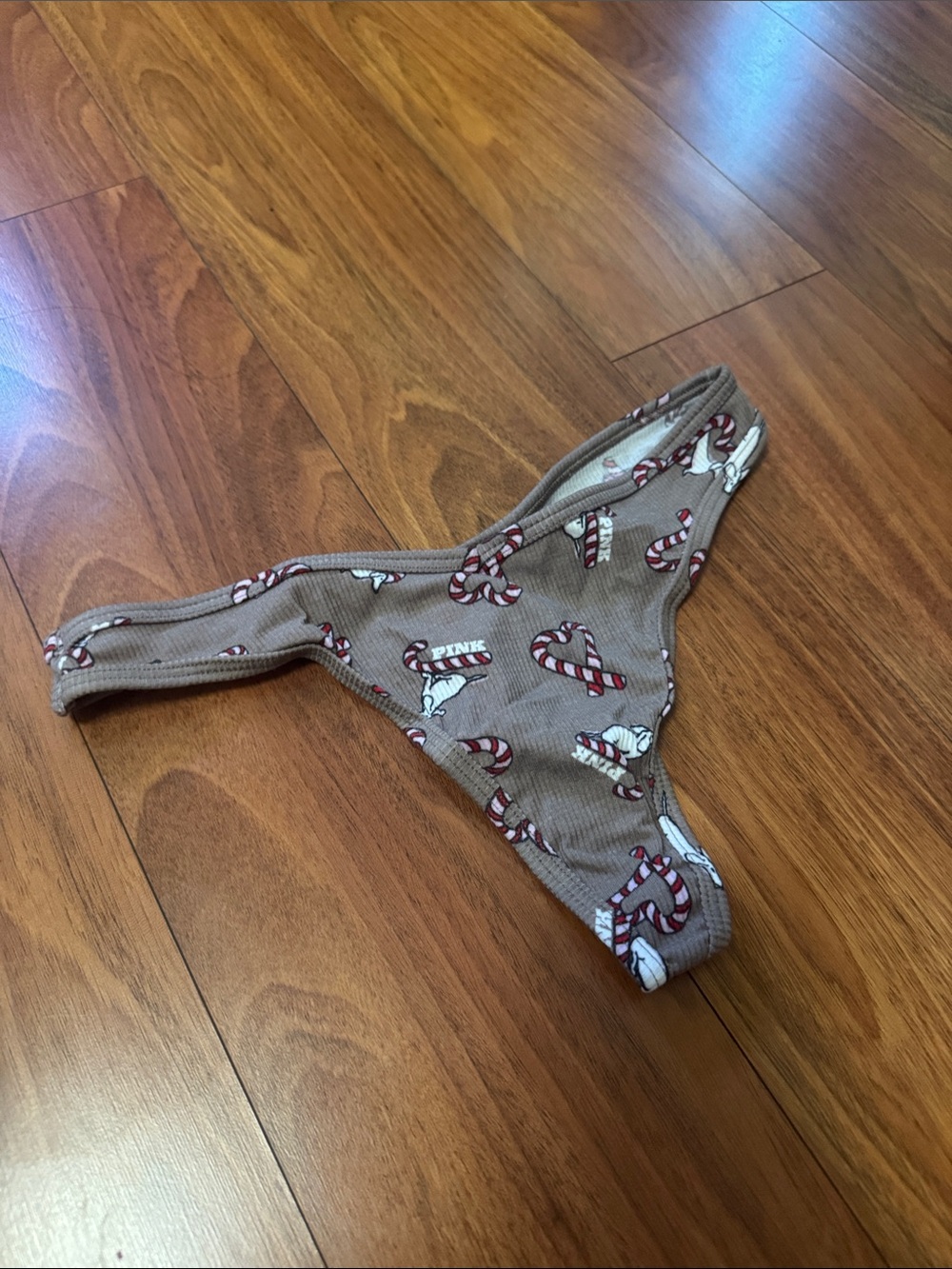 PINK Victoria's Secret Brown Candy Cane Ribbed Thong with Logo